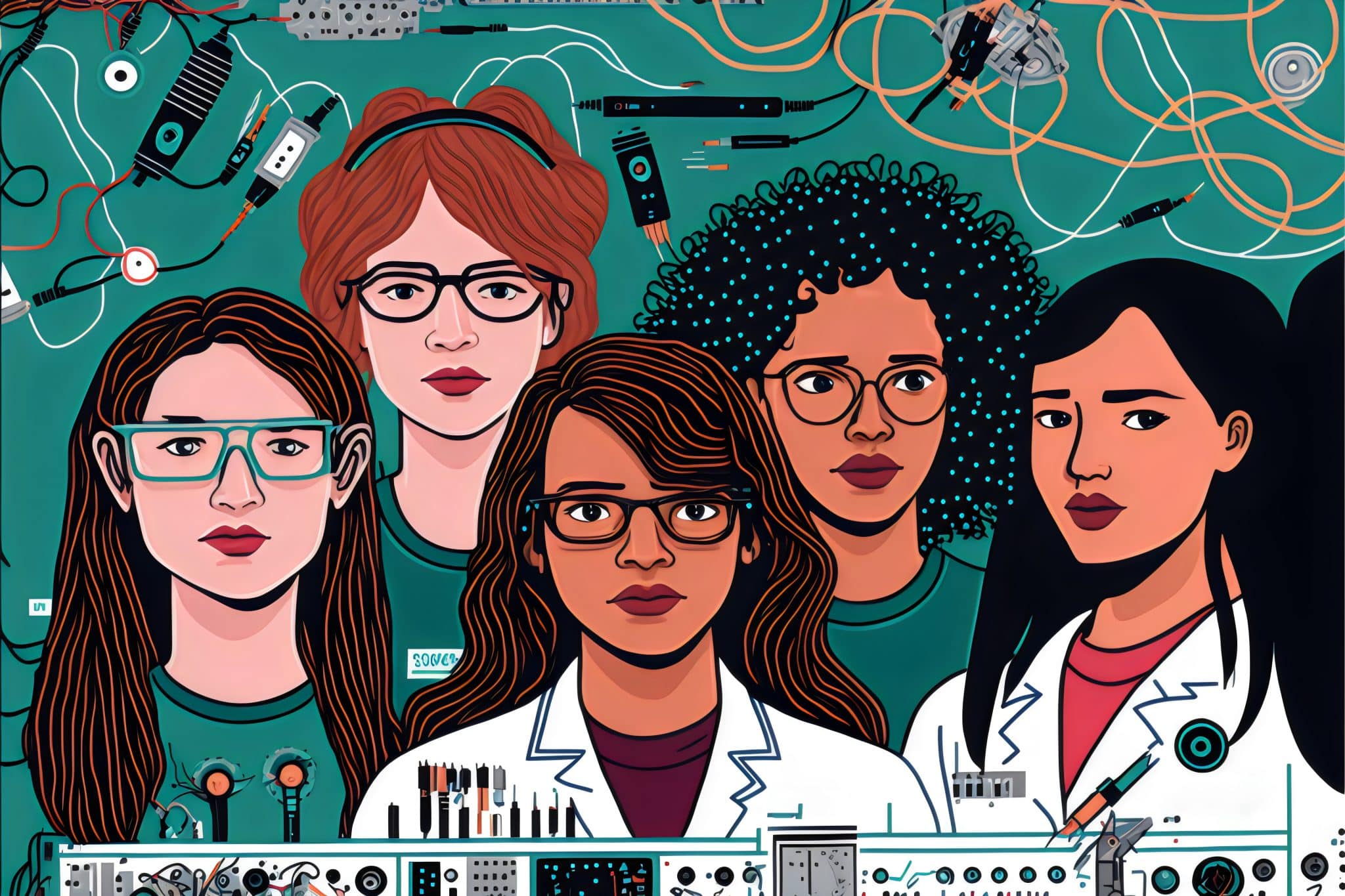 illustration of five girls and women in STEM careers, generative ai