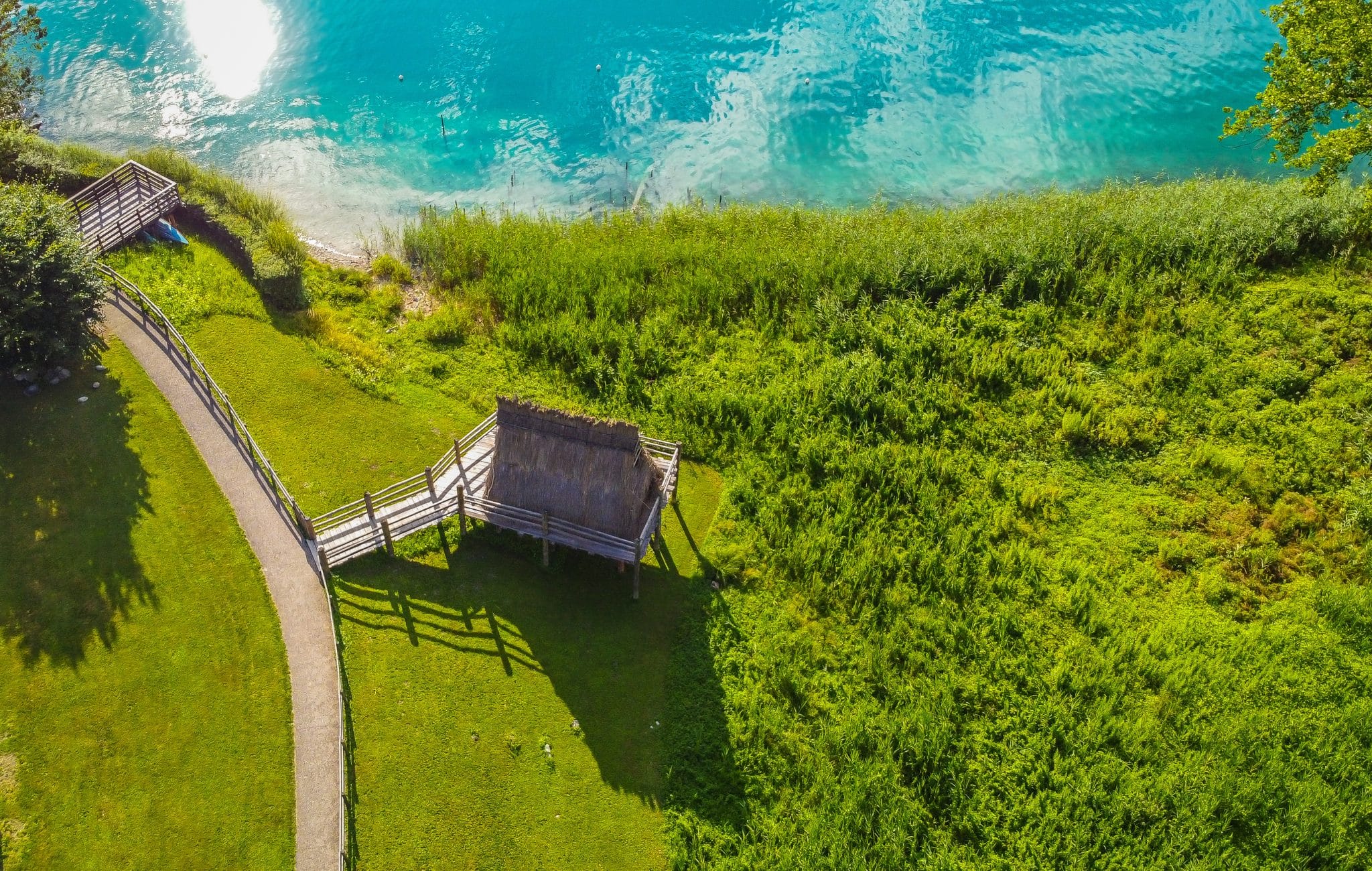 Ledro lake, Italy. Reconstructed huts on stilts to show the life